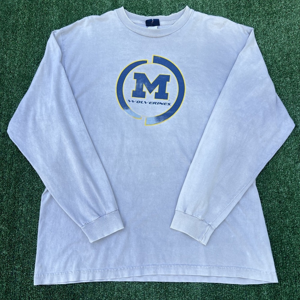 Vintage Michigan Wolverines UM T-Shirt Mens XL Gray Long Sleeve Distressed Y2K